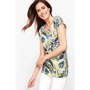 T by Talbots L Paisley Roll Cuff Tee Yellow Blue Short Sleeve